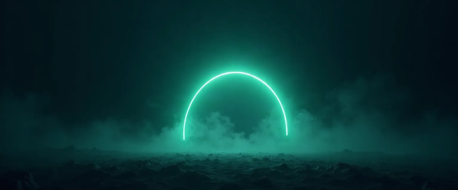 A green arc of light curving upward through blue haze.
