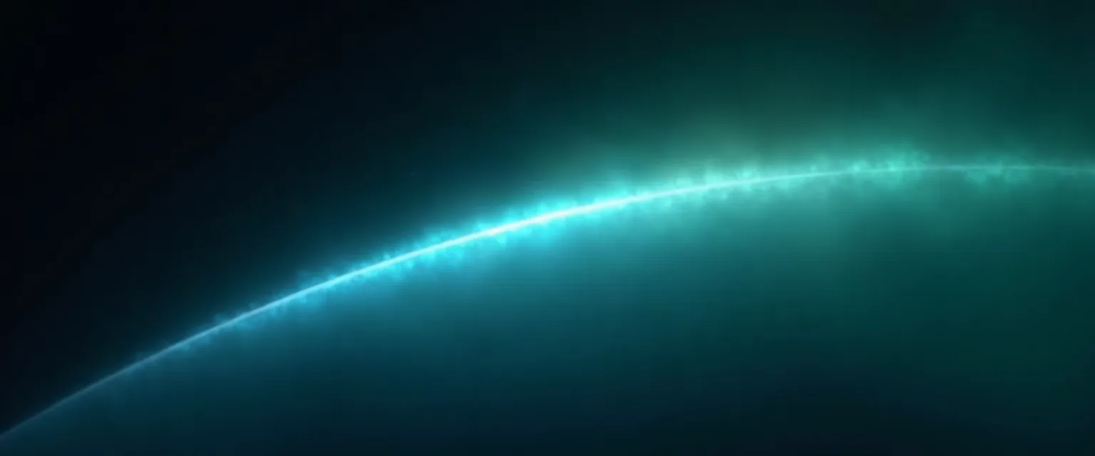 An arc of light shifting from cold blue to warm green with a thin pointer beam.