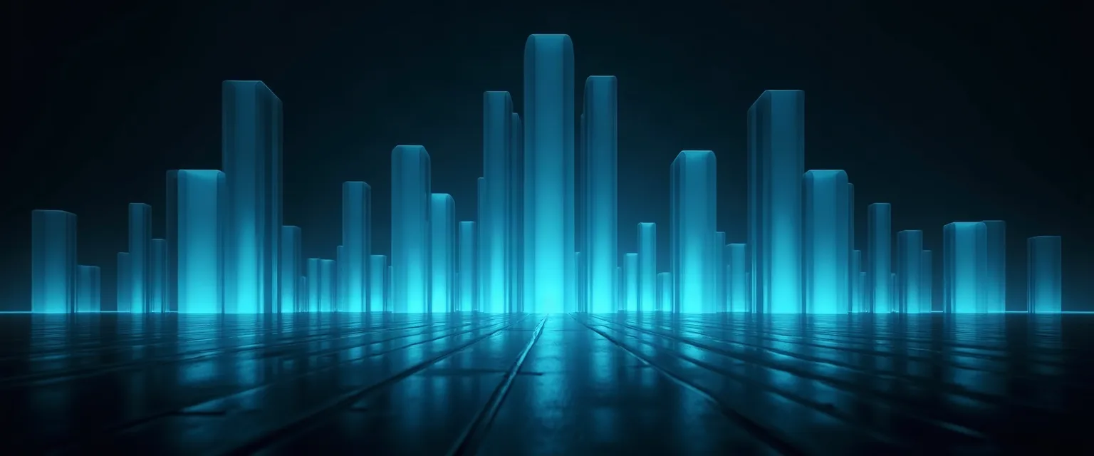Columns of blue and green light rising over a reflective dark plain.