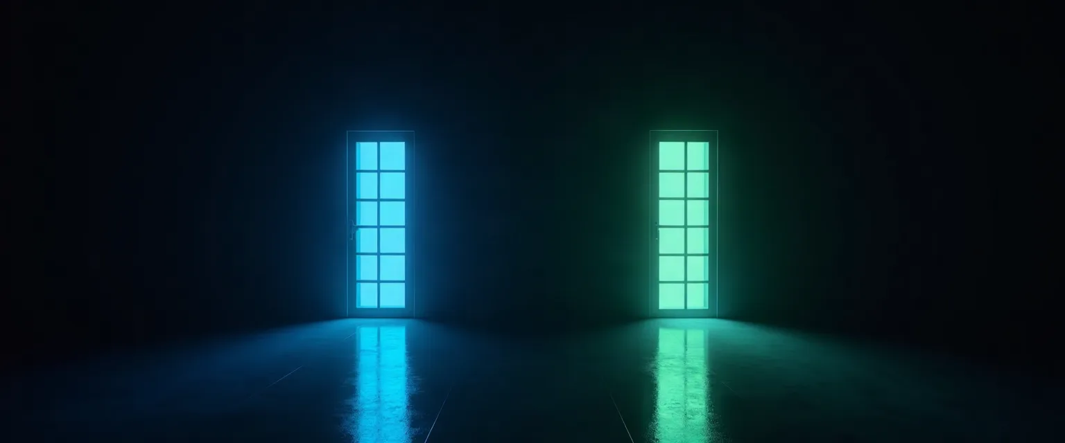 Two doorways of light, one closed and blue, one open and green.