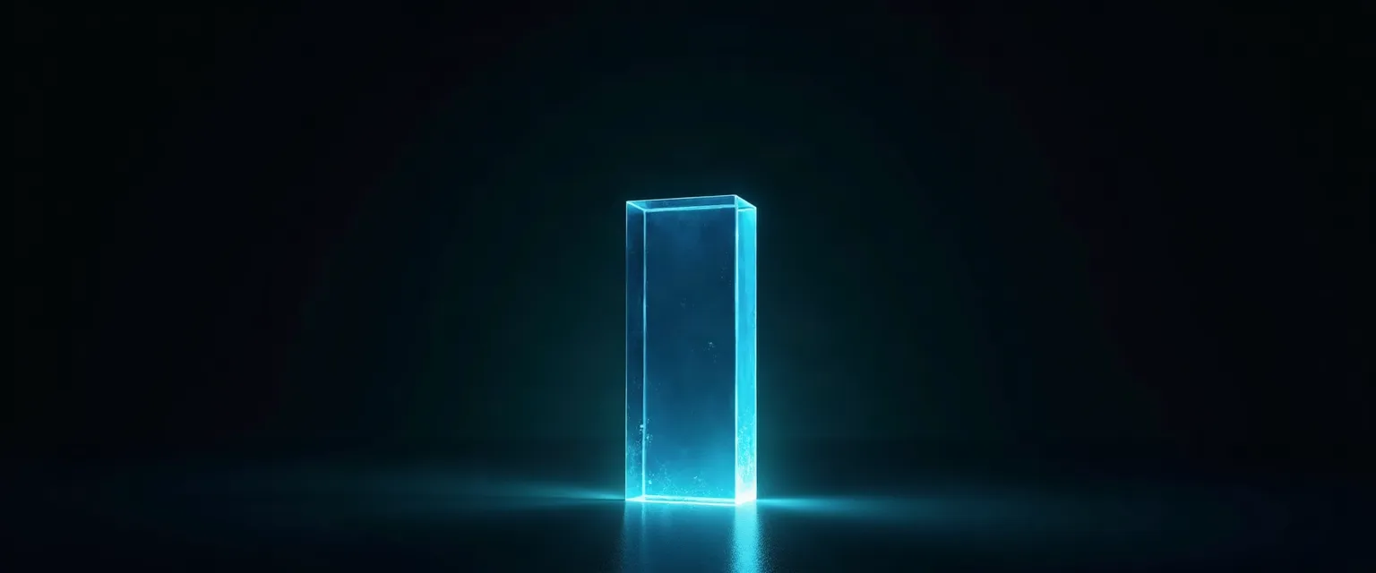 An edge-lit blue glass monolith standing in darkness.
