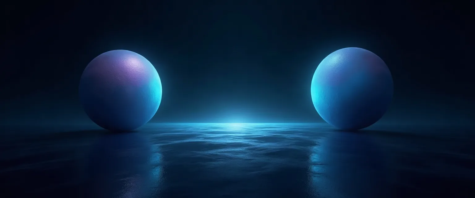Two spheres of light facing each other with a thin green line between them.