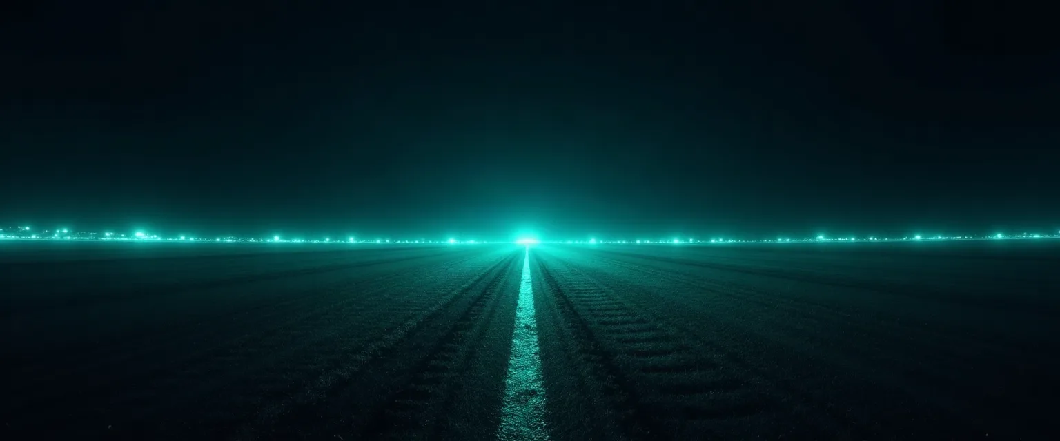 A dark field of faint blue guide lines with one green light trail weaving through.