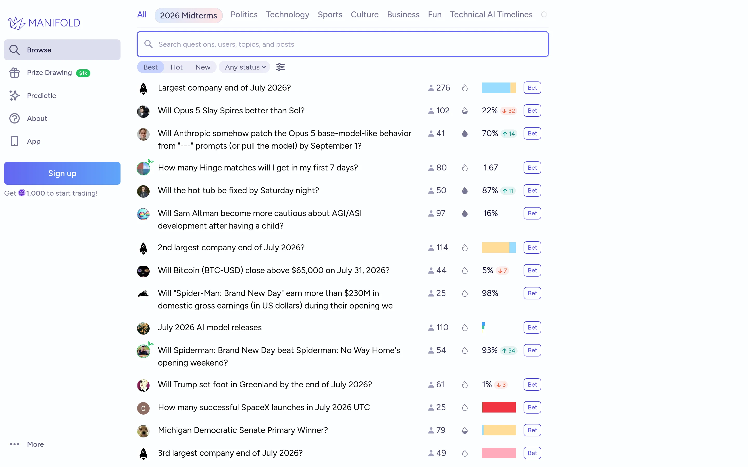 Manifold homepage (manifold.markets, July 2026)