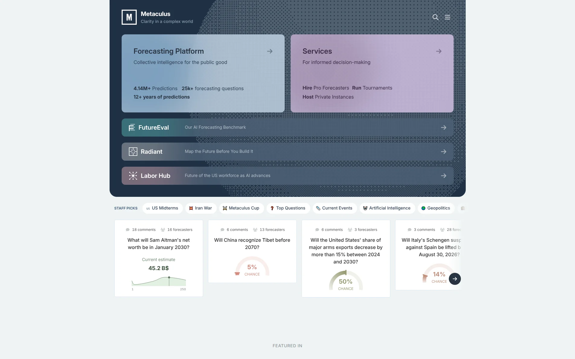 Metaculus homepage (metaculus.com, August 2026)