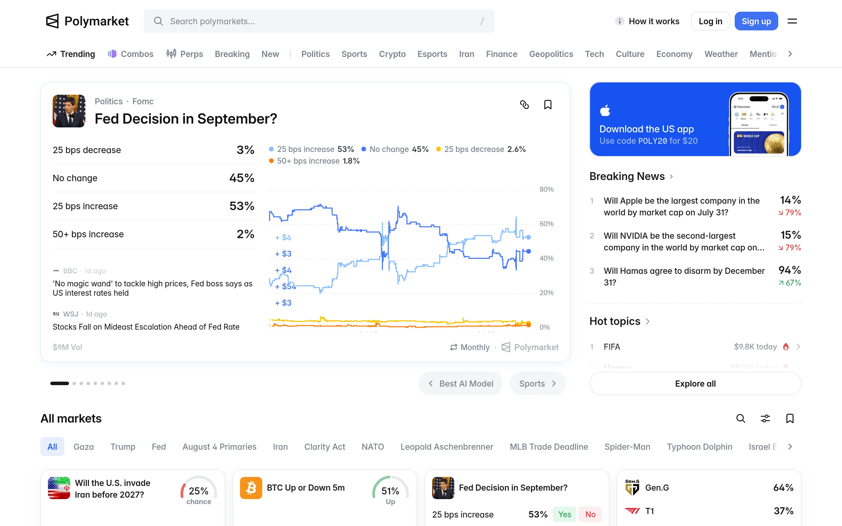 Polymarket homepage (polymarket.com, July 2026)