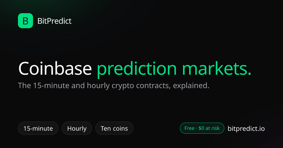 Coinbase prediction markets explained: the 15-minute and hourly crypto price contracts, the ten coins, where they are not offered, and a free way to make the same call