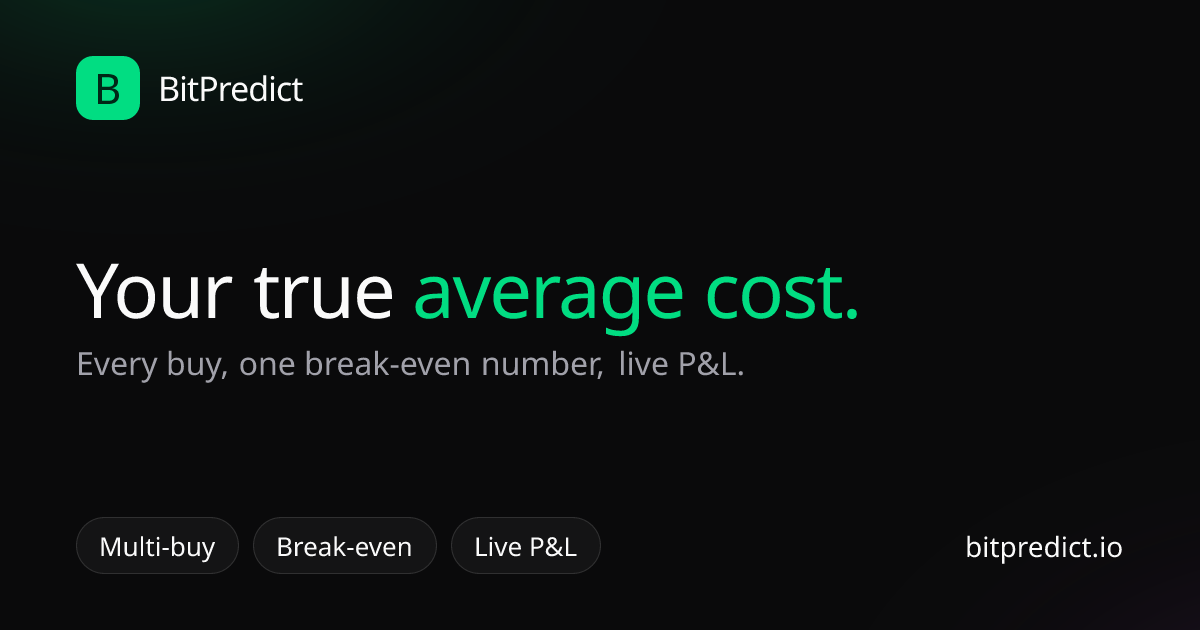 Crypto DCA and average cost calculator card — add every buy to get true average cost, break-even price and live profit or loss