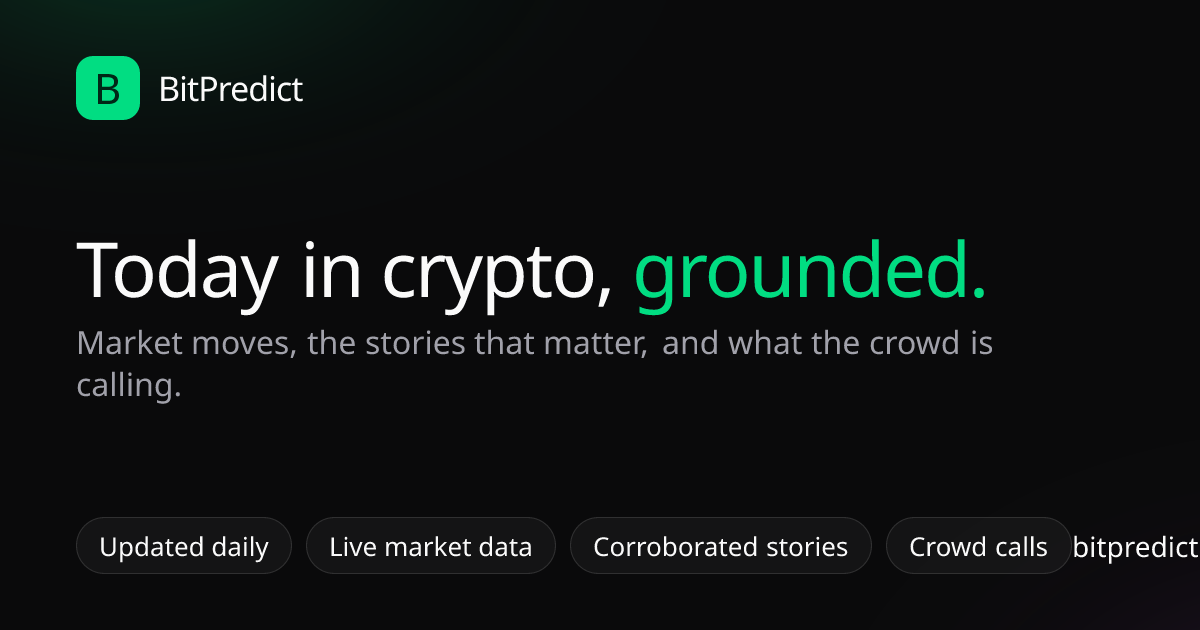 Crypto news and predictions today — BitPredict's daily digest card with market moves, corroborated stories and crowd prediction data