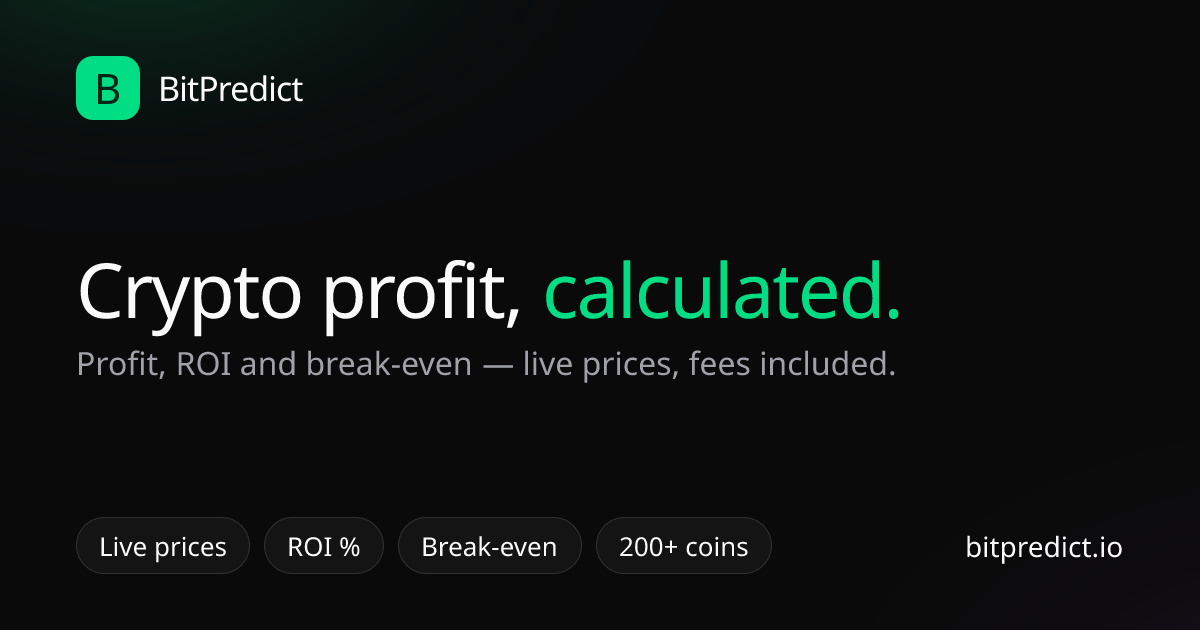 Crypto profit calculator card — enter buy price, amount and exit price to see profit, ROI and break-even with live prices for 200+ coins