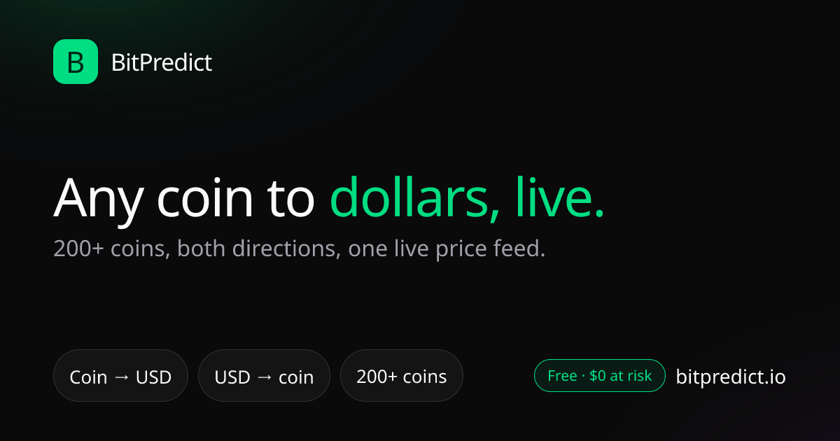 Crypto to USD converter card: convert any of 200+ coins to US dollars and dollars to coins at the live price, with a page for each major coin