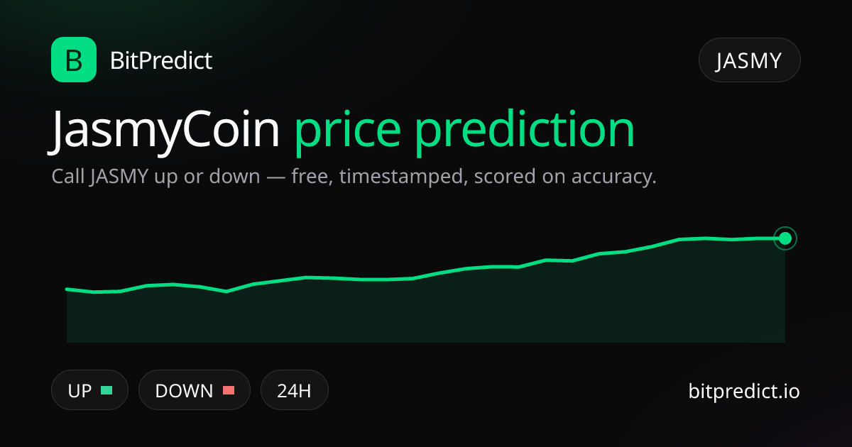 JasmyCoin (Jasmy) price prediction card — call JASMY up or down on BitPredict, the free crypto prediction accuracy leaderboard