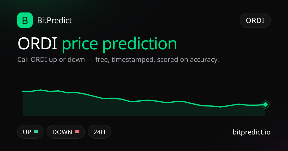 ORDI (Ordinals BRC-20) price prediction card — call ORDI up or down on BitPredict, the free crypto prediction accuracy leaderboard