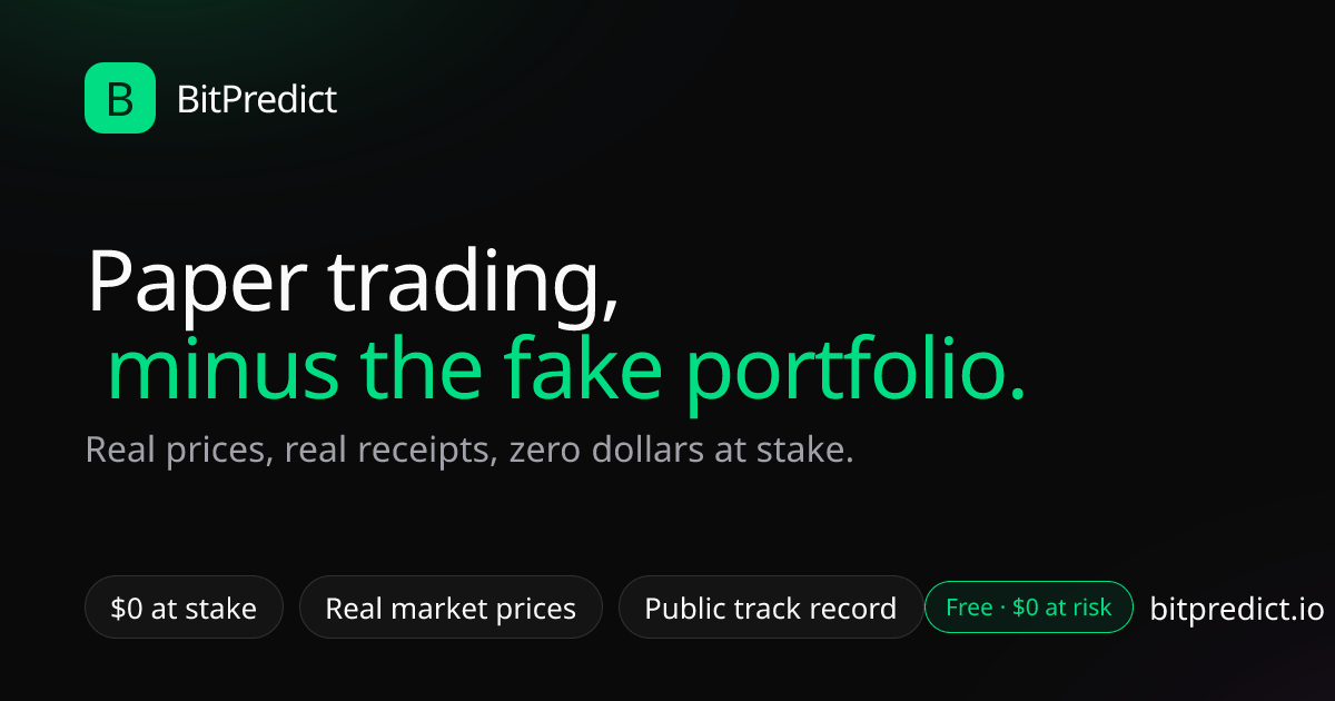 Free crypto paper trading dashboard card: practice calling real crypto prices up or down with zero money at stake on BitPredict