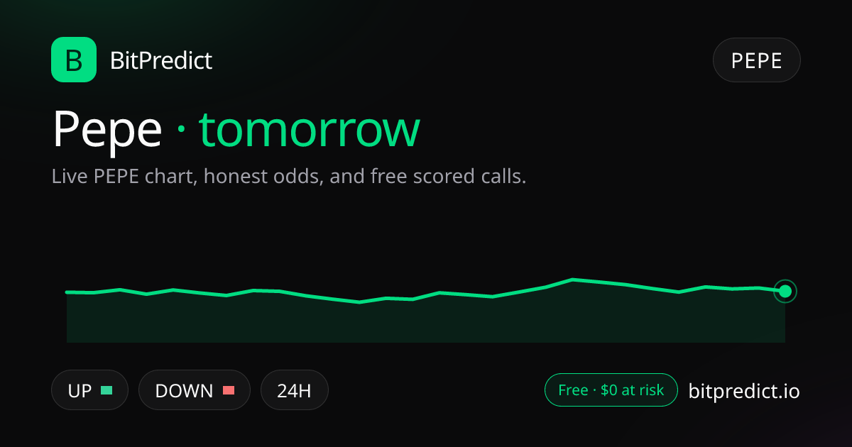 Pepe price prediction tomorrow: live PEPE chart and an honest read on what moves Pepe over tomorrow, on BitPredict