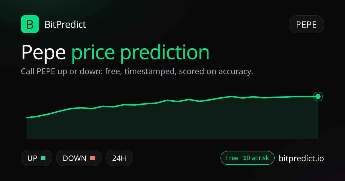 Pepe price prediction card: call PEPE up or down on BitPredict, the free crypto prediction accuracy leaderboard