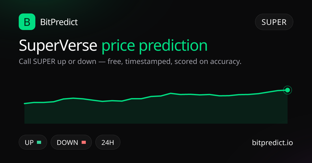 SuperVerse (SuperFarm) price prediction card — call SUPER up or down on BitPredict, the free crypto prediction accuracy leaderboard